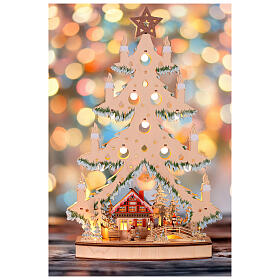 Albero di Natale legno illuminato LED con villaggio natalizio 65x40x8cm a batteria