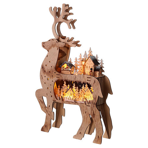 Battery-operated Christmas village, wooden reindeer, 28x17x4 in, warm white LEDs 3
