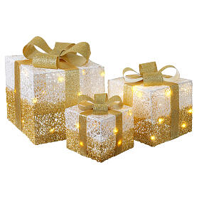 Geschenkpakete mit LED-Beleuchtung, weiß-gold, warmweiße Beleuchtung – 3 Stück