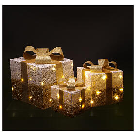 Geschenkpakete mit LED-Beleuchtung, weiß-gold, warmweiße Beleuchtung – 3 Stück