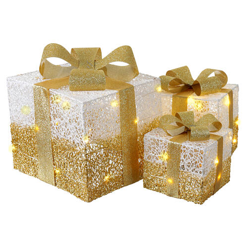 Geschenkpakete mit LED-Beleuchtung, weiß-gold, warmweiße Beleuchtung – 3 Stück 3