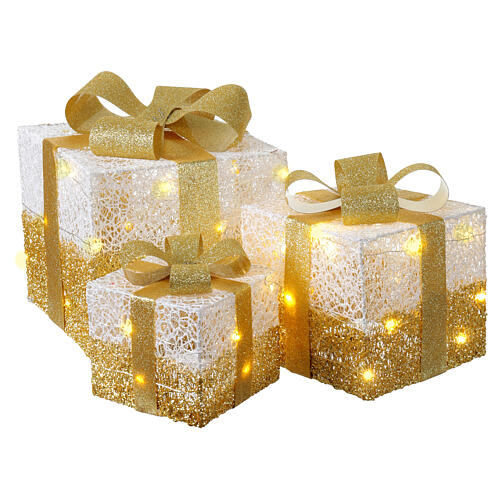 Conjunto 3 presentes brancos e dourados com luz led branco natural 4