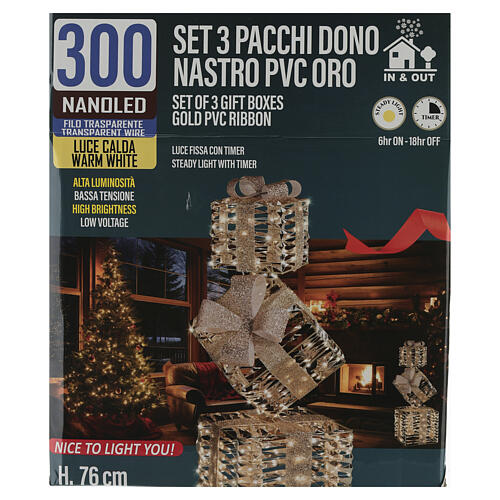 Set of 3 Christmas gift boxes with golden ribbon 300 NANOLEDs, 76x25cm 5
