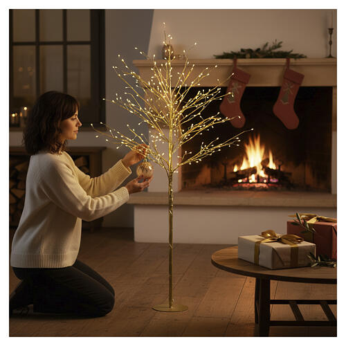Illuminated decorative tree with golden ribbon, warm white light, 60 in 1