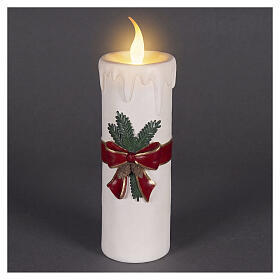 White LED candle with red bow, warm white flickering flame effect, 22x8x8 in, for indoor use
