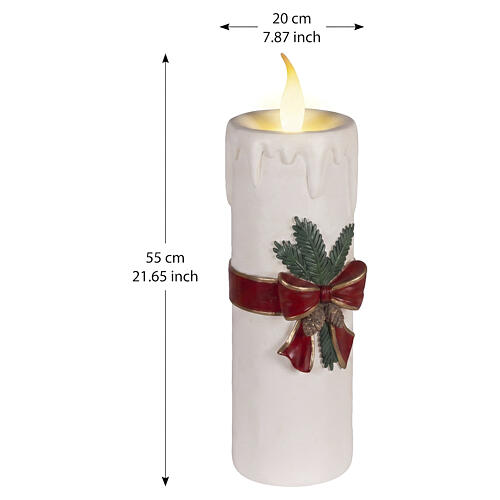 Bougie LED blanche décorée d'un nœud rouge lumière blanc chaud effet flamme 55x20x20 cm pour intérieur 3
