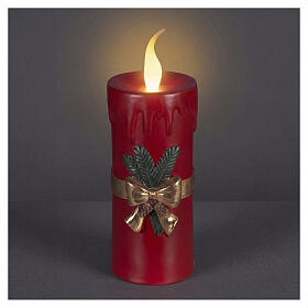 Red LED candle with gold bow, warm white flame effect, 18x8x6 in