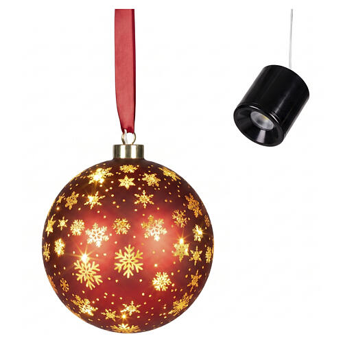 Boule de Noël rouge rotative microLED flocons de neige lumière chaude 15 cm intérieur 4