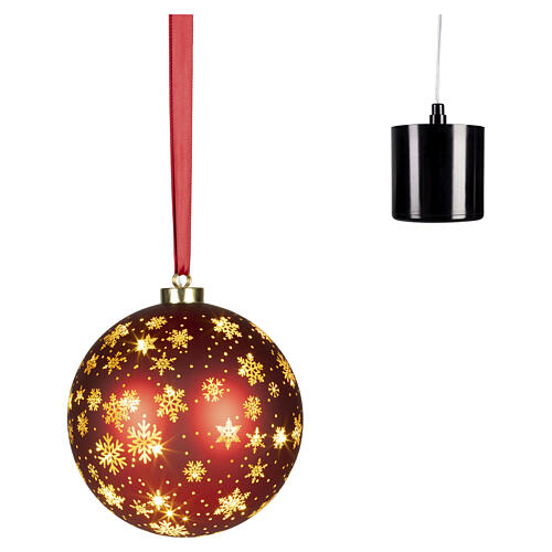 Illuminated red Christmas bauble with motion and microLED snowflakes, warm light, 8 in, indoor 4
