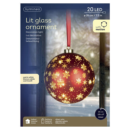 Illuminated red Christmas bauble with motion and microLED snowflakes, warm light, 8 in, indoor 6
