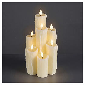 Beige LED candle with poured-wax flame effect, warm white light, 12x6x6 in, for indoor use