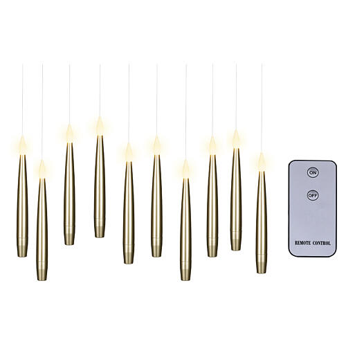 Set de 10 bougies LED suspendues dorées effet flamme télécommande lumière blanc chaud 15x2 cm pour intérieur 3