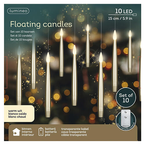 Set de 10 bougies LED suspendues dorées effet flamme télécommande lumière blanc chaud 15x2 cm pour intérieur 4