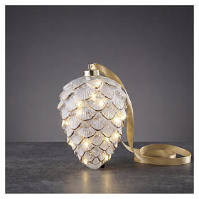 Pomme de pin décorative en verre blanc avec micro-LED blanc chaud 20x15 cm pour intérieur