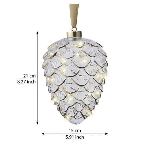 Pomme de pin décorative en verre blanc avec micro-LED blanc chaud 20x15 cm pour intérieur 3