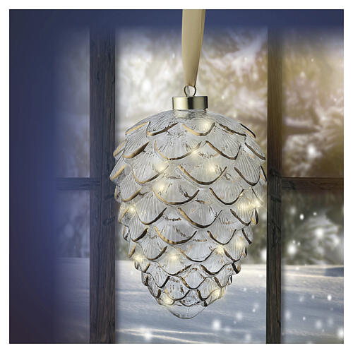 Pomme de pin décorative en verre blanc avec micro-LED blanc chaud 20x15 cm pour intérieur 4