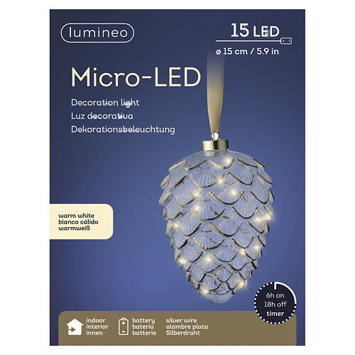 Pomme de pin décorative en verre blanc avec micro-LED blanc chaud 20x15 cm pour intérieur 5