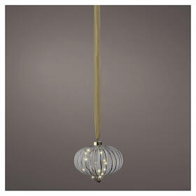 Ribbed glass decorative sphere with 15 warm white micro LEDs for indoor use, 8x8 in