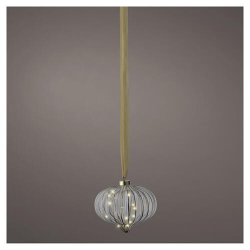 Ribbed glass decorative sphere with 15 warm white micro LEDs for indoor use, 8x8 in 1