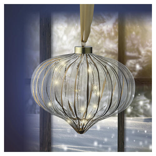 Ribbed glass decorative sphere with 15 warm white micro LEDs for indoor use, 8x8 in 2