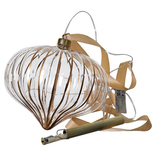 Ribbed glass decorative sphere with 15 warm white micro LEDs for indoor use, 8x8 in 6