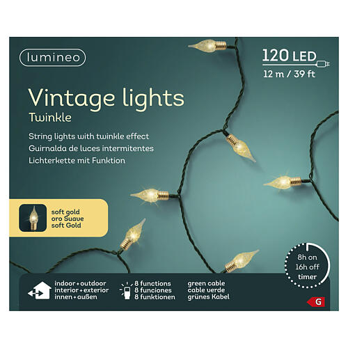 Guirlande lumineuse vintage d'intérieur à effet scintillant pour sapin, 120 LEDs, lumière dorée chaude, 12 m 4