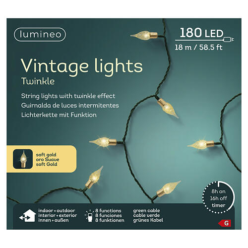 Guirlande lumineuse vintage intérieure/extérieure à effet scintillant 180 LEDs lumière dorée chaude 18 m 3