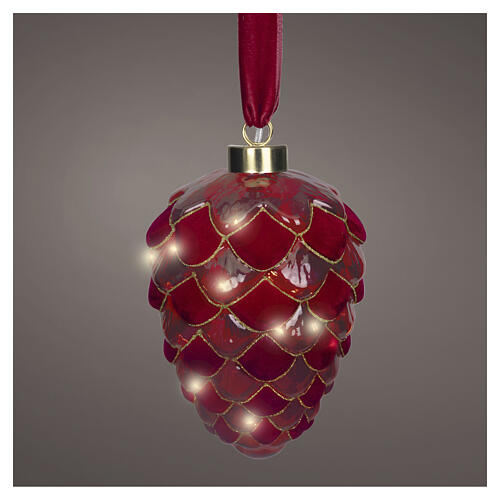 Pomme de pin décorative en verre rouge 15 LEDs lumière chaude 20 cm pour intérieur 1