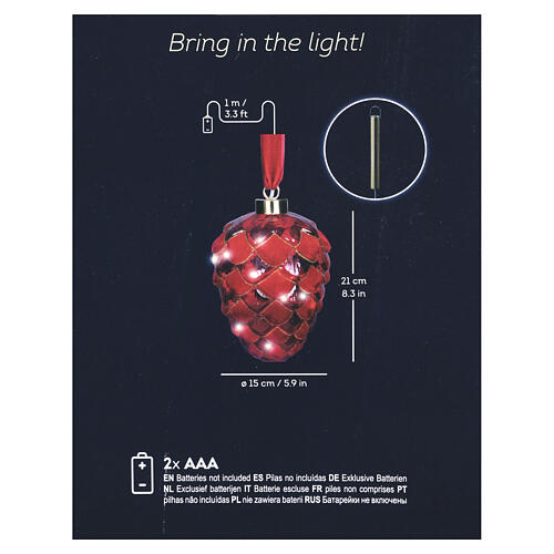 Pomme de pin décorative en verre rouge 15 LEDs lumière chaude 20 cm pour intérieur 4