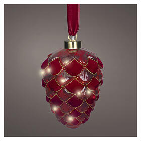 Enfeite natalino pinha luminosa em vidro vermelho 15 LEDs luz quente 20 cm para interior