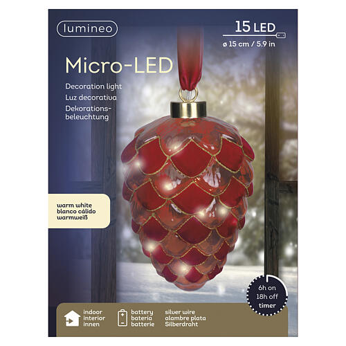 Enfeite natalino pinha luminosa em vidro vermelho 15 LEDs luz quente 20 cm para interior 3