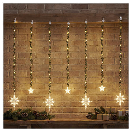 Hanging star light curtain with warm white micro LEDs, 47x39 in, for indoor use 2