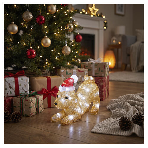 Cane acrilico luminoso int-est bianco freddo 30 LED 20x30x12 cm con cappello natalizio 2
