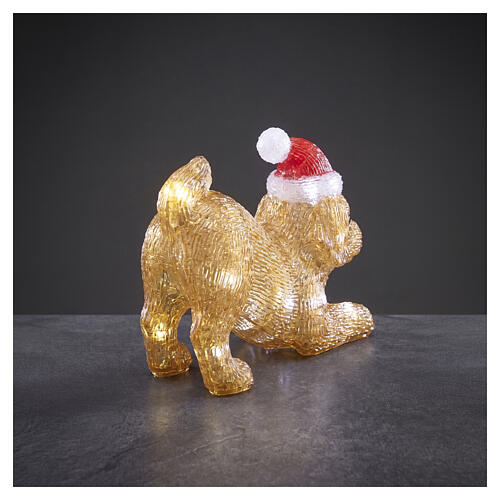 Cão luminoso com chapéu de Natal em acrílico transparente, branco frio, 30 LEDs, 20x30x12 cm, interior/exterior 6