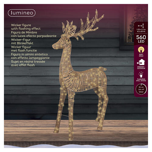 Illuminated wicker reindeer with warm gold flash effect, 560 LEDs, 105x15x55 in 5