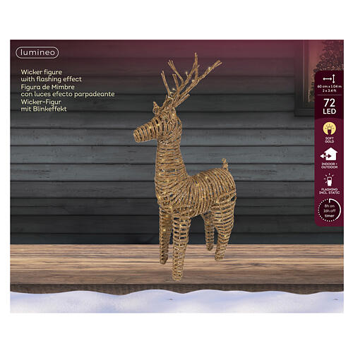 Renna in vimini luminosa int-est oro caldo effetto flash 72 LED 105x60x25 cm 5