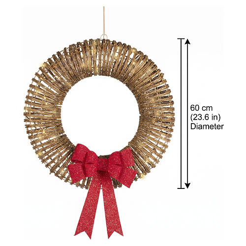 Illuminated wicker Christmas wreath, IN/OUTDOOR, 72 LEDs, 23x5.5 in 3