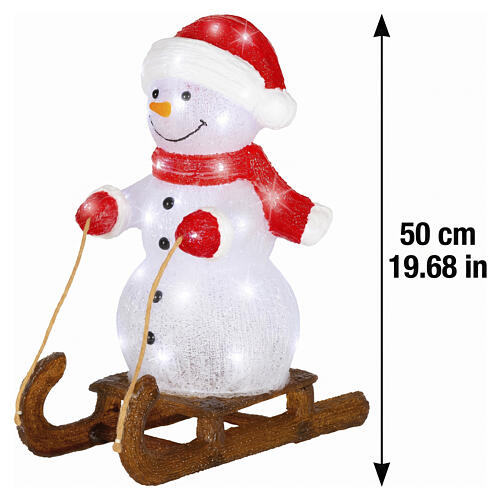 Acrylic snowman on sled, 50 cold white LEDs, indoor/outdoor, 20x18x10 in 3