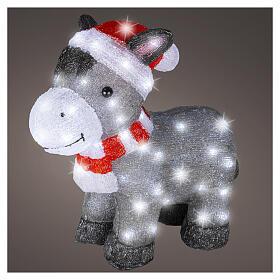 Petit âne acrylique avec bonnet de Noël intérieur/extérieur 60 LEDs blanc froid 40x40x15 cm