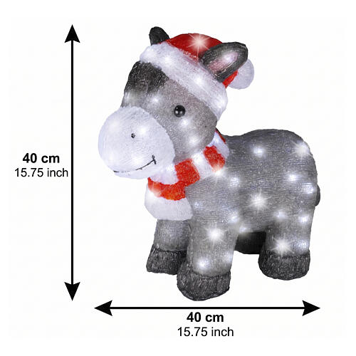 Petit âne acrylique avec bonnet de Noël intérieur/extérieur 60 LEDs blanc froid 40x40x15 cm 3