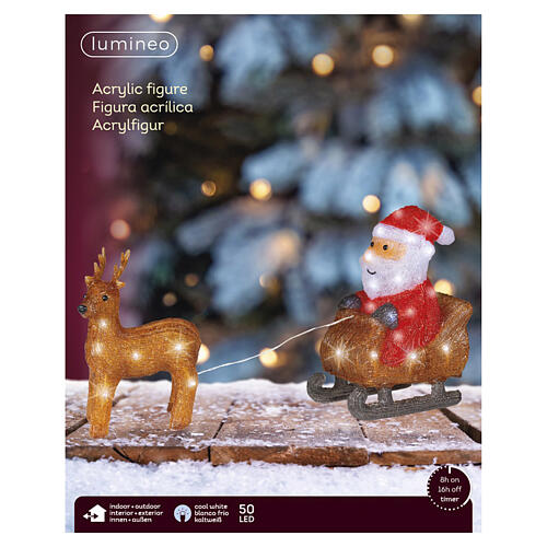 Santa Claus on his sleigh with reindeer, 50 cold white LED lights, acrylic, 12 in, IN/OUTDOOR 2