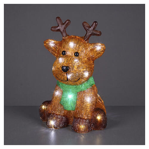 Sitting acrylic reindeer, 20 cold white LEDs, green scarf, 10x8x6 in, IN/OUTDOOR 1