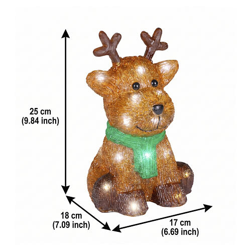 Sitting acrylic reindeer, 20 cold white LEDs, green scarf, 10x8x6 in, IN/OUTDOOR 3