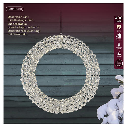Coroa luminosa prateada int/ext em PET 400 LEDs luz branco quente diâmetro 60 cm 3