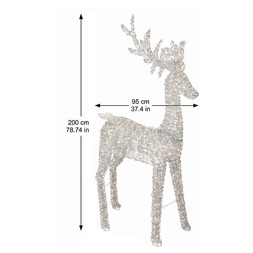 Silver PET luminous deer with branching antlers, 2350 warm white LEDs, 80x38x14 in 3