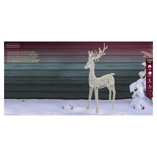 Silver PET luminous deer with branching antlers, 2350 warm white LEDs, 80x38x14 in 5