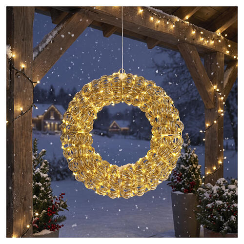 Corona luminosa int-est dorata intrecciata PET 300 LED luce calda 40x10 cm 2
