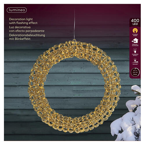 Couronne lumineuse int./ext. dorée tressée en PET 400 LEDs blanc chaud 60x10 cm 5