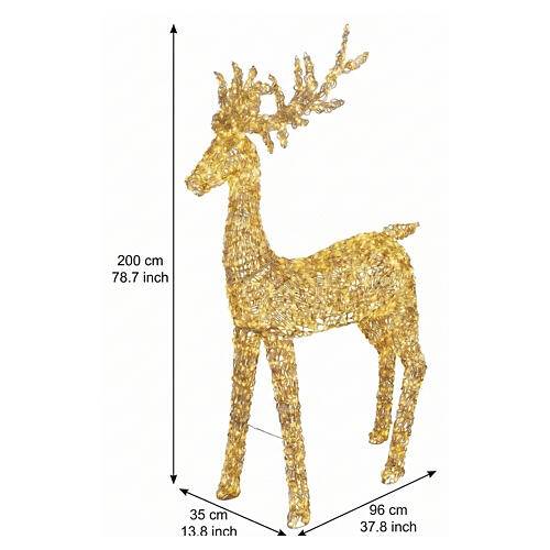 Three-dimensional gold PET luminous reindeer, indoor/outdoor, 2350 warm white LEDs, 80x38x14 in 3