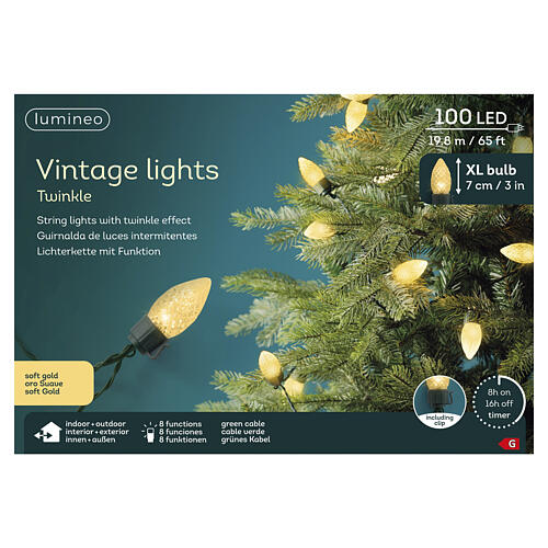 Vintage Christmas lights with 100 warm gold LED XL bulbs, flickering effect, indoor/outdoor, 65 ft 3